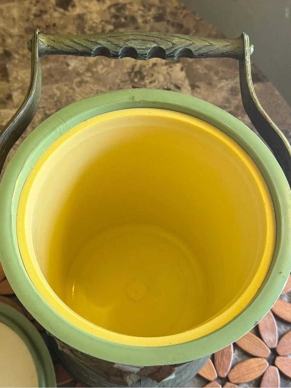 Vintage MCM Grape Ice Bucket – Avocado Green Faux Woodgrain Barware